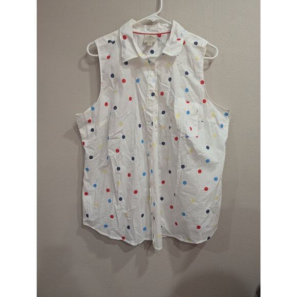St. John's Bay Tops - Women's sleeveless collared white rainbow polka dot cotton blouse, St John's Bay